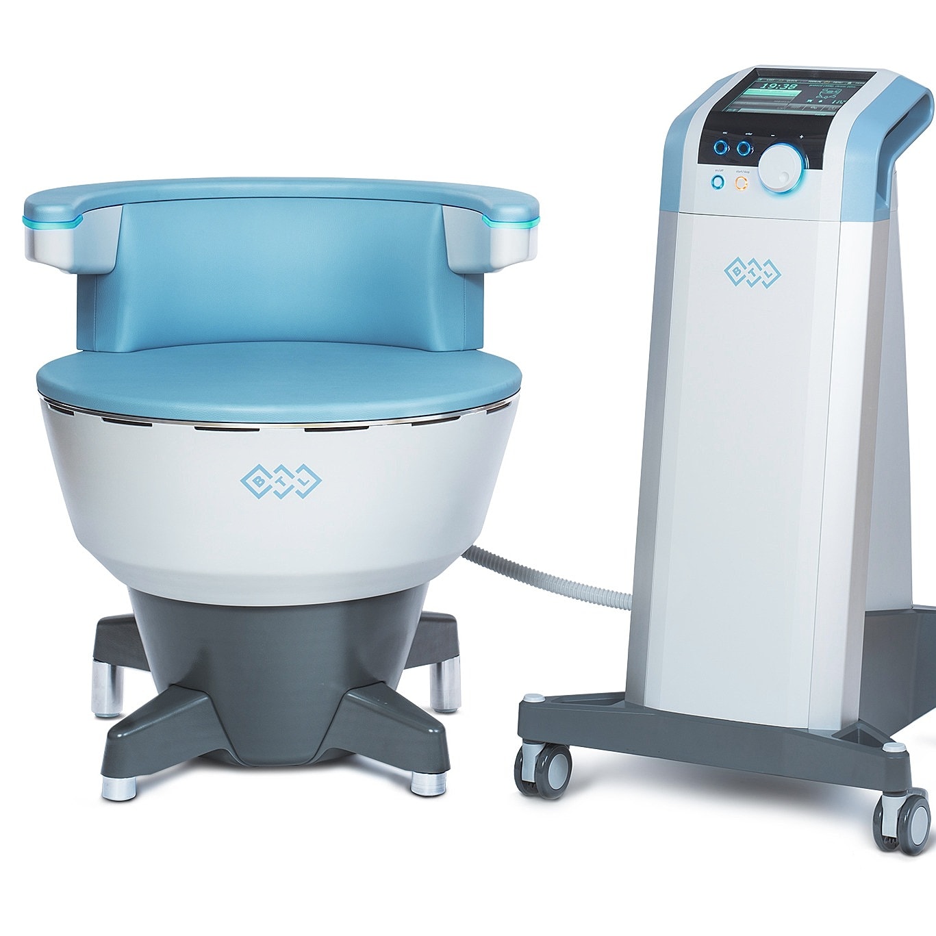 Medical device with chair and control unit.