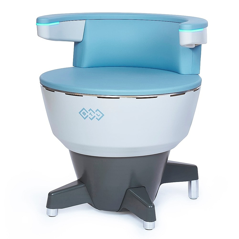 Modern blue and white ergonomic chair design.