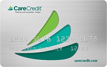 CareCredit payment card with branding elements.