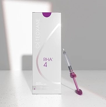 Teoxane RHA 4 aesthetic product packaging and syringe.