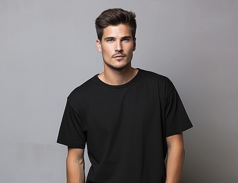 Young man in black shirt against gray background.