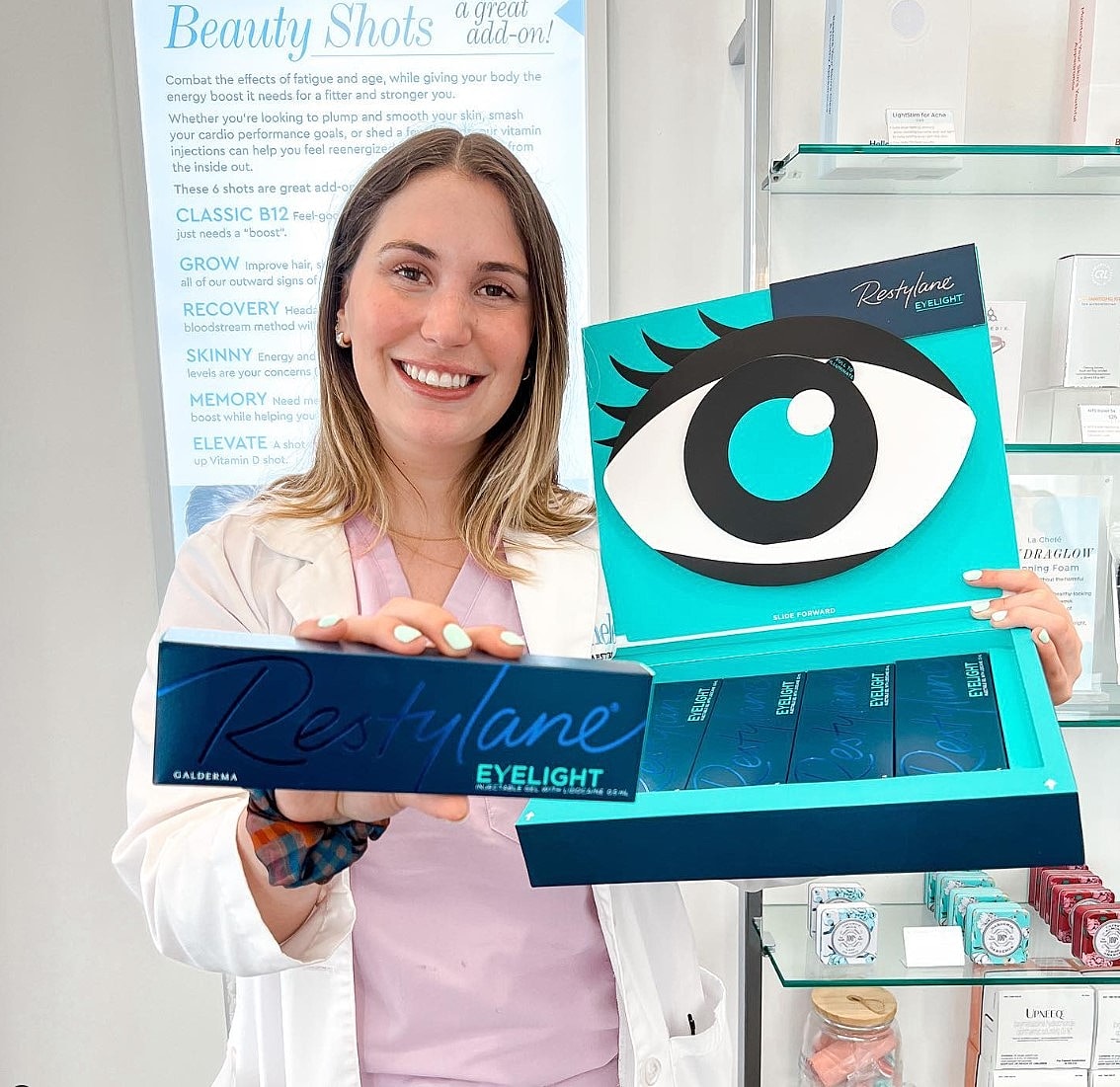 Woman promoting Restylane Eyelight product.