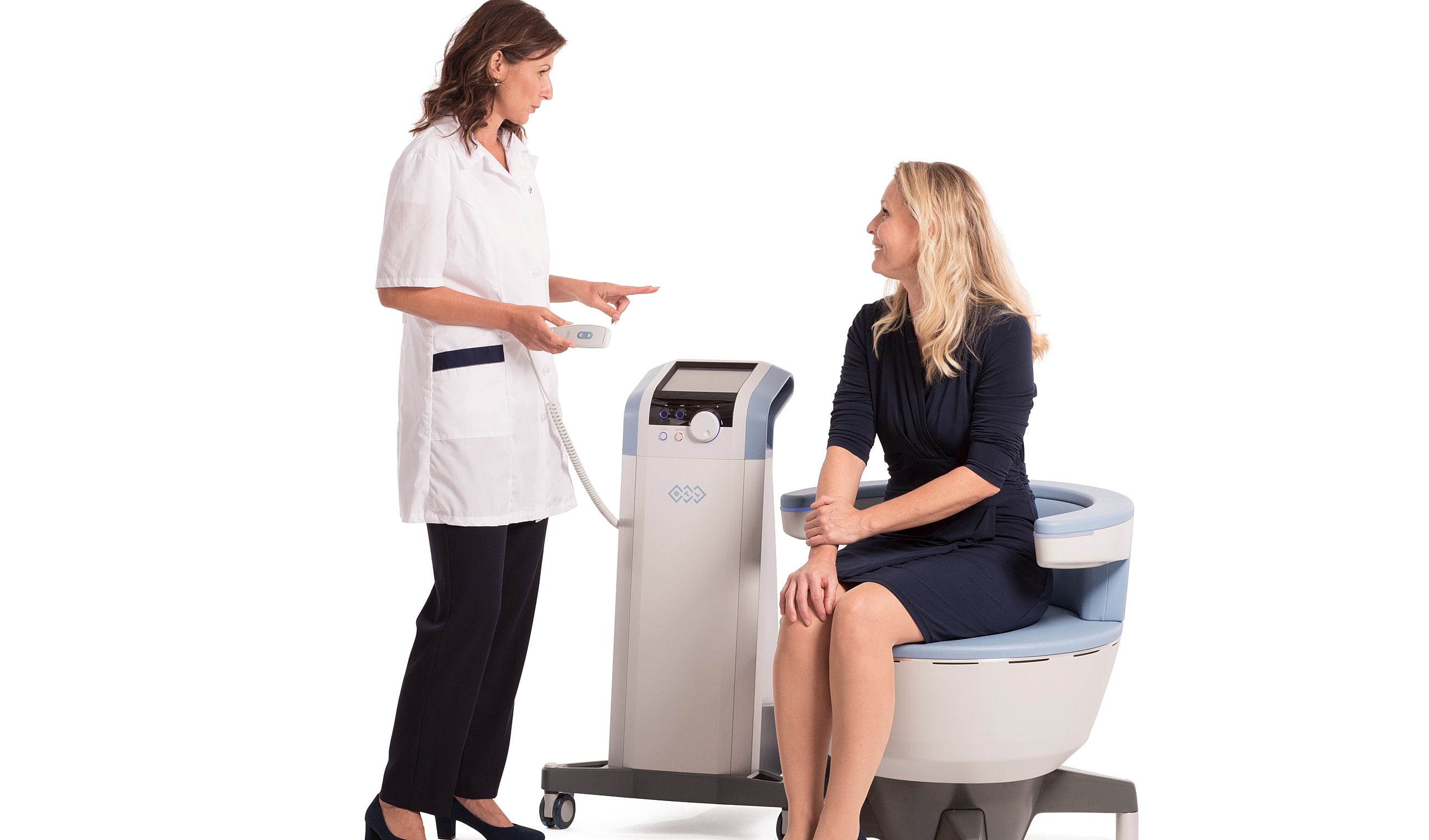 Consultation between doctor and patient with device.