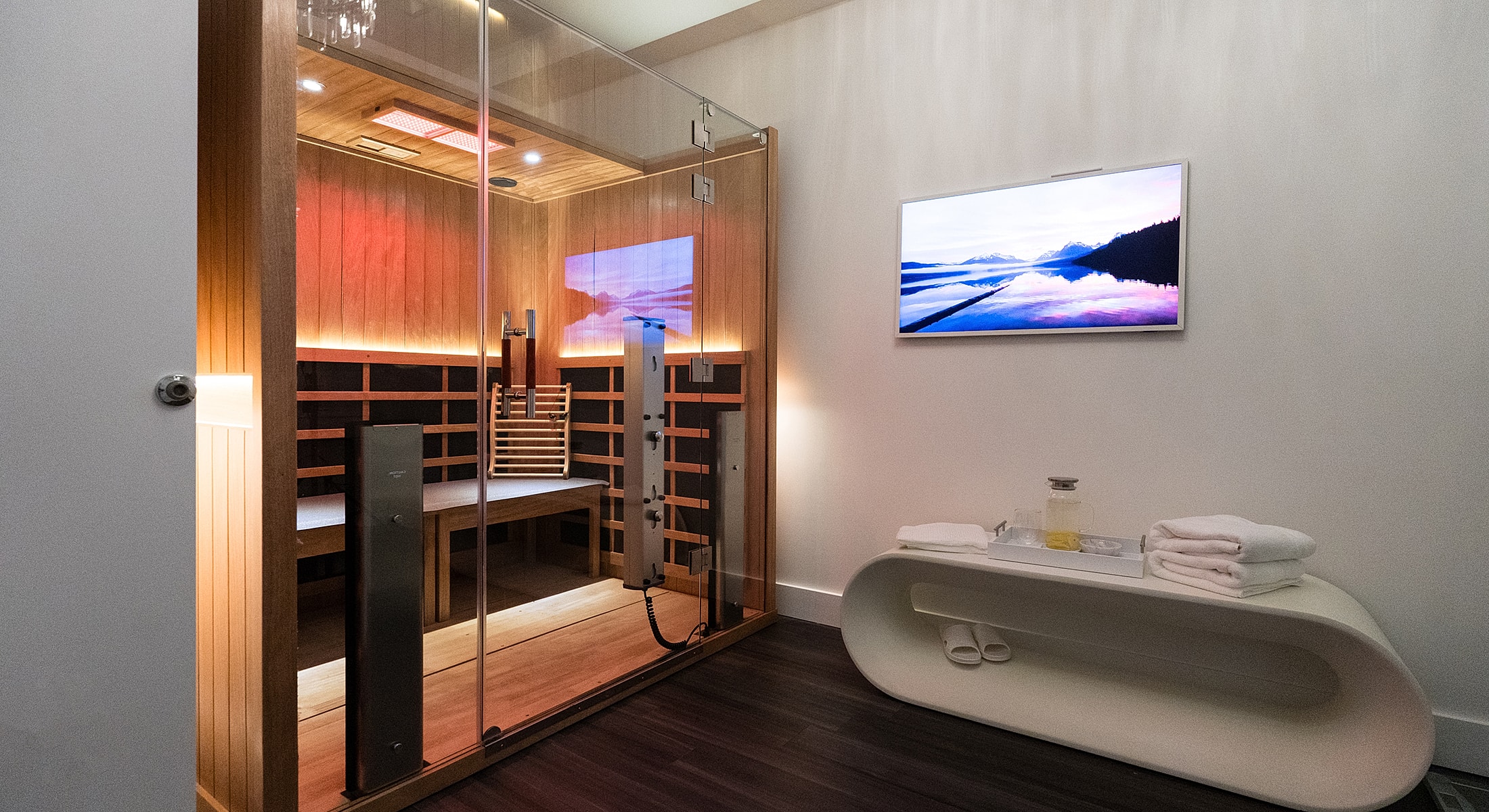 Modern sauna with relaxing ambiance and decor.